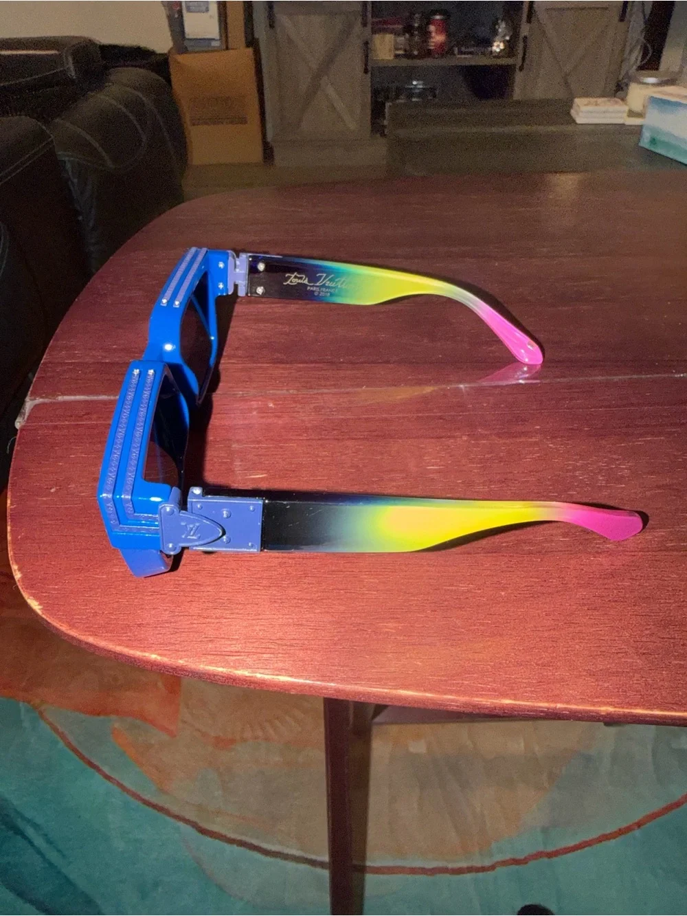 Louis Vuitton Bright Blue Geometric Sunglasses with Rainbow Temples